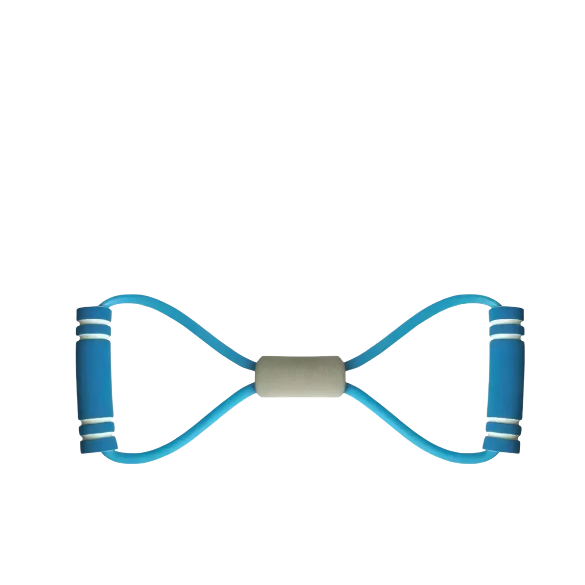 Blue 4-tube elastic pedal puller resistance band with textured grip handles and beige central connector for fitness use