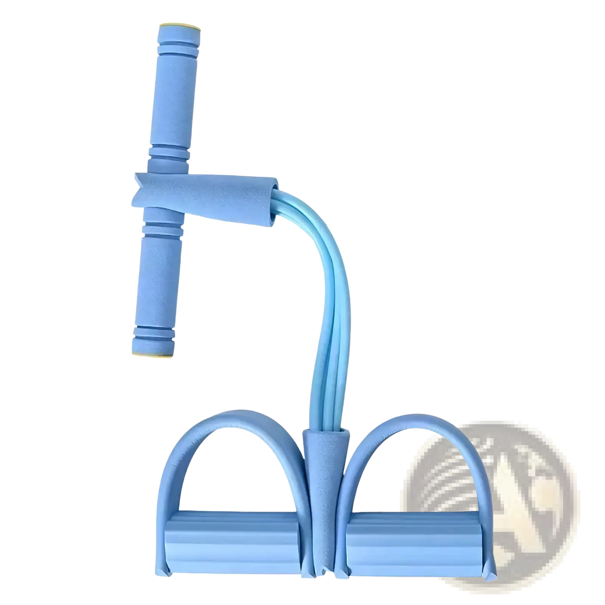 Light blue 4-tube elastic pedal puller resistance band with padded handles and foot loops for fitness exercise