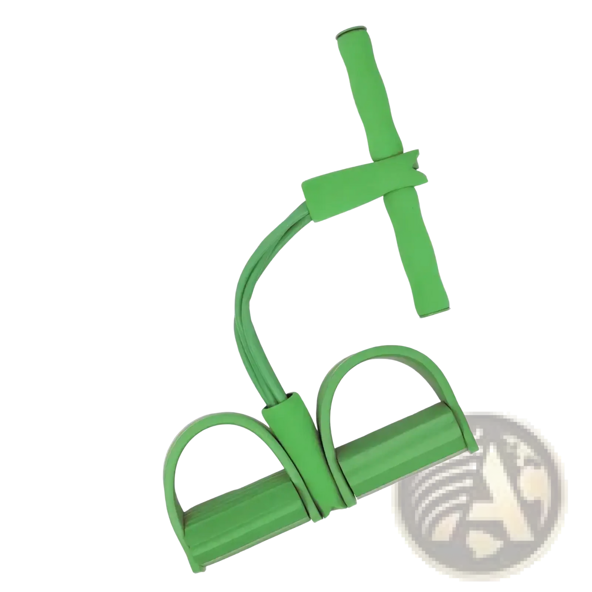 Green rubber 4-tube elastic pedal puller resistance band with handle and foot loops for fitness exercises