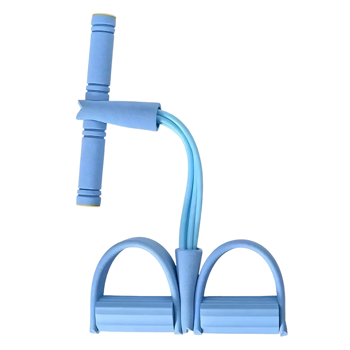 Light blue 4-tube elastic pedal puller resistance band with padded handles and foot loops for fitness exercise