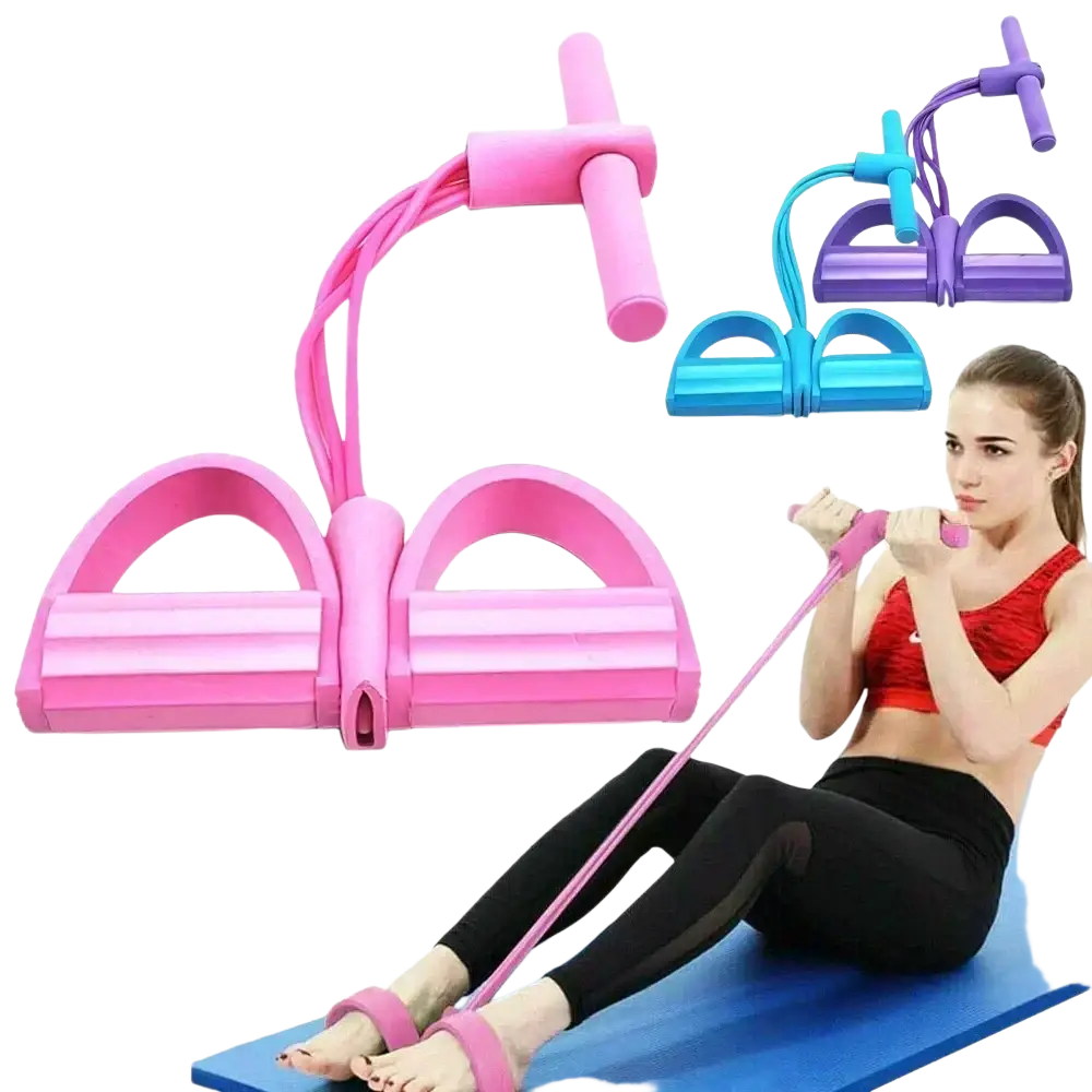 Pink 4-tube elastic pedal puller fitness resistance band with ergonomic handles for strength training and rehabilitation
