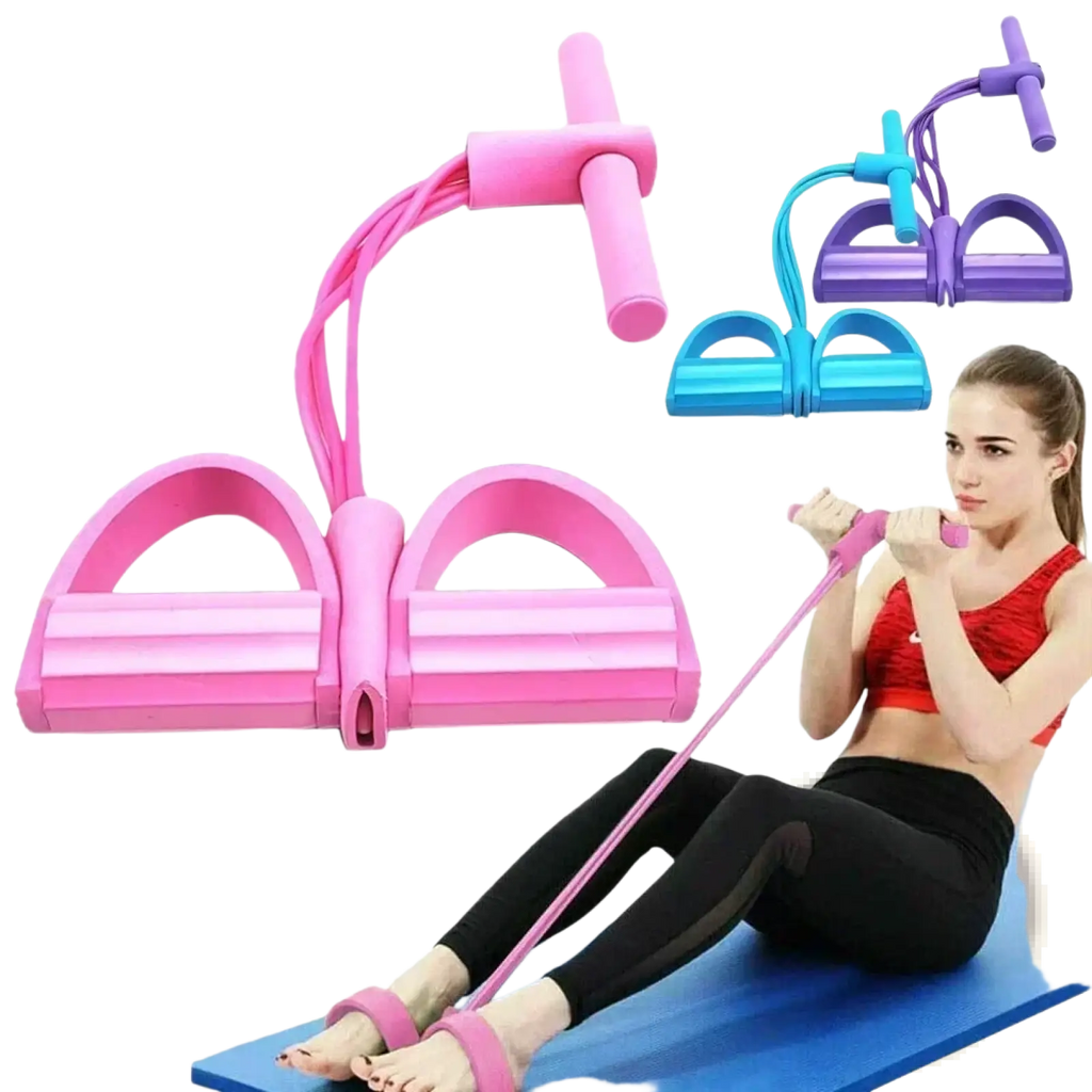 Pink 4-tube elastic pedal puller fitness resistance band with ergonomic handles for strength training and rehabilitation