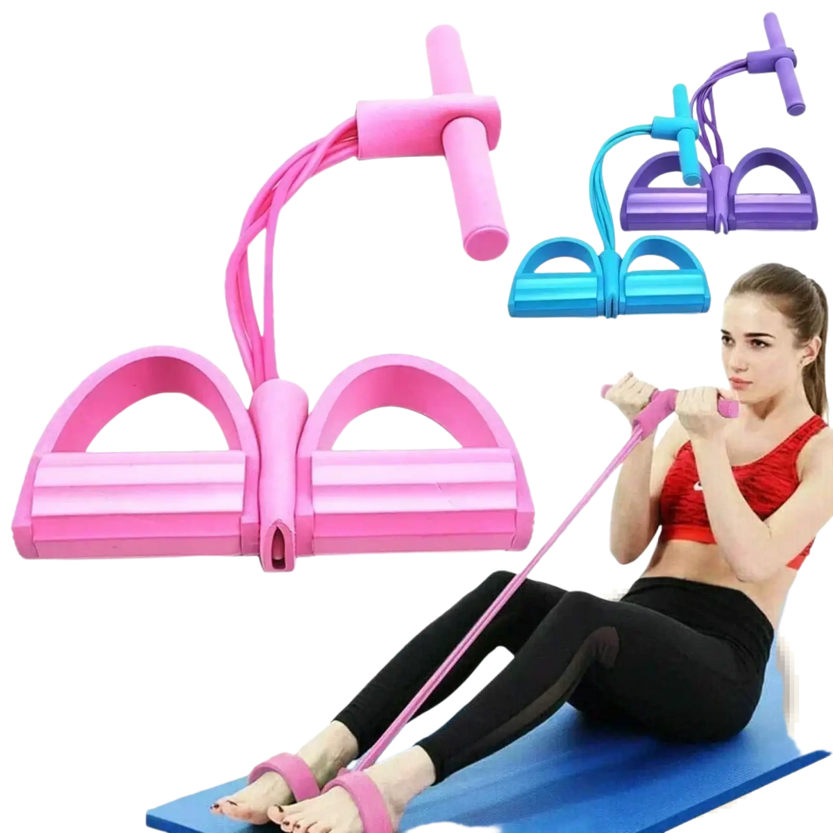 Pink 4-tube elastic pedal puller fitness resistance band with ergonomic handles for strength training and rehabilitation