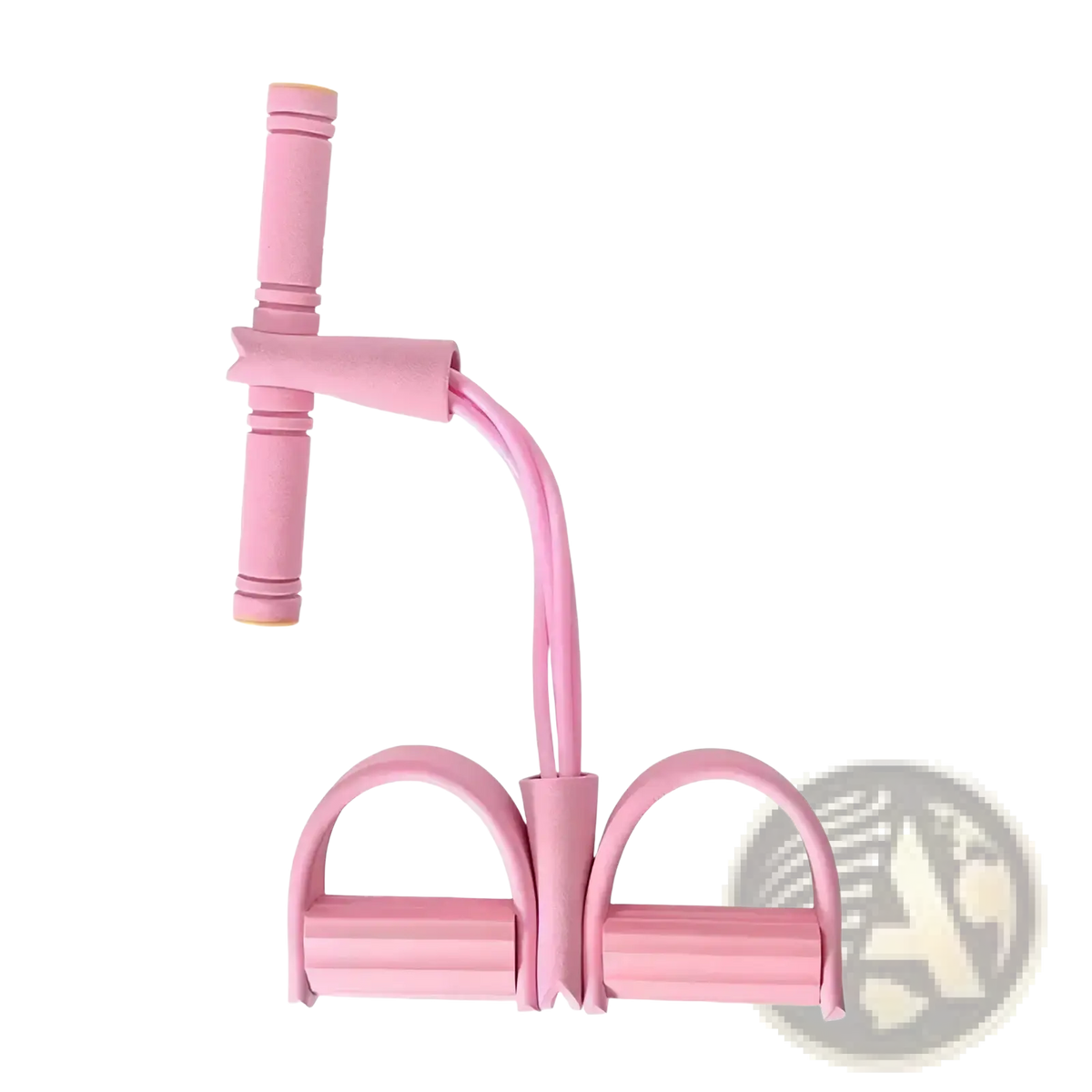 Pink rubber 4-tube elastic pedal puller resistance band with dual foot loops and handle for fitness exercise