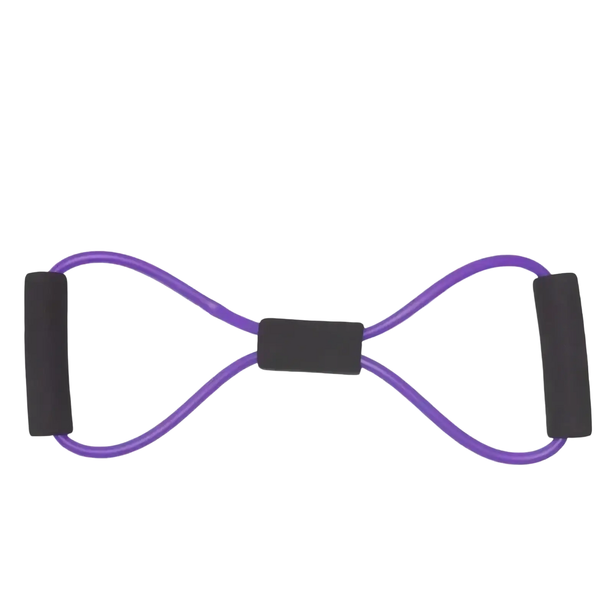 Purple 4-tube elastic pedal puller resistance band with black foam grips and central black strap for fitness use