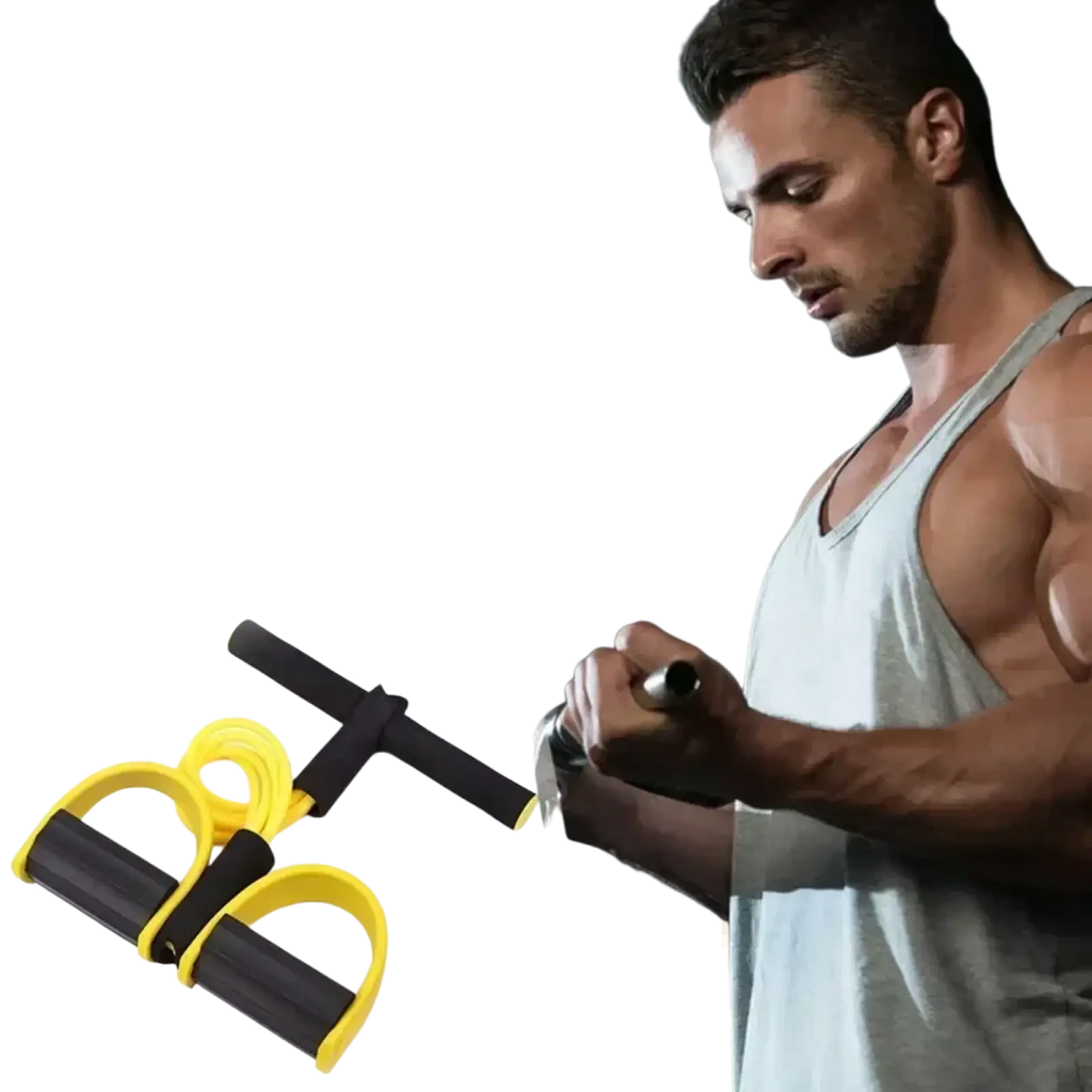 Yellow and black elastic pedal puller with ergonomic handles and 4-tube resistance bands for home workout fitness