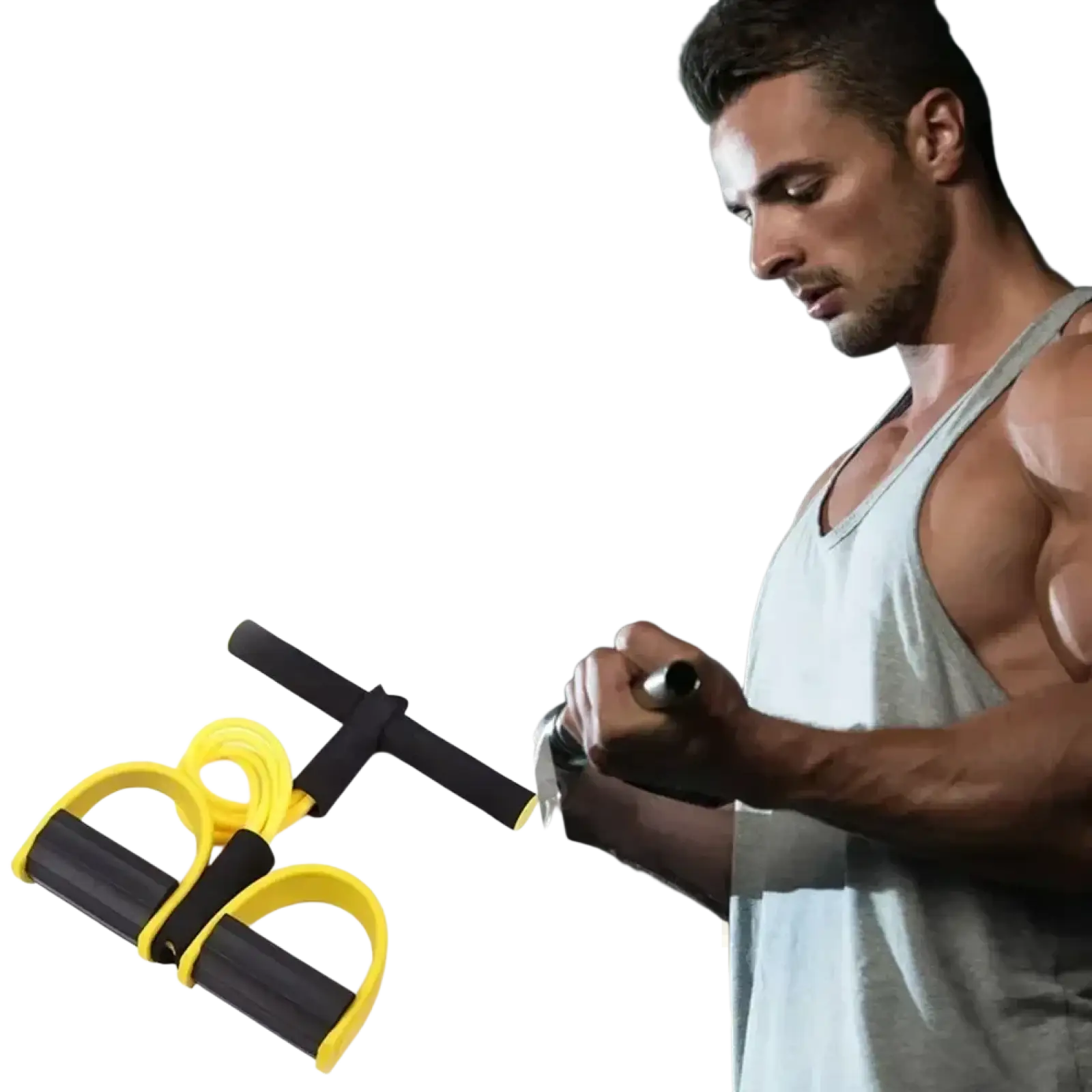 Yellow and black elastic pedal puller with ergonomic handles and 4-tube resistance bands for home workout fitness