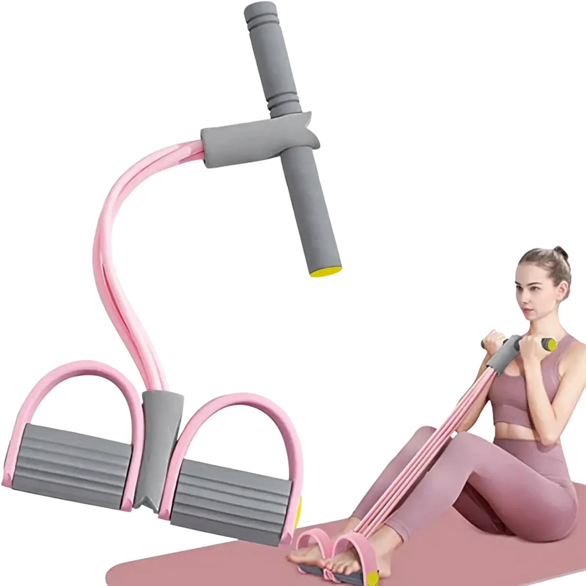 4-tube resistance band pedal puller in pink and gray with padded handles and foot loops for leg exercise fitness equipment