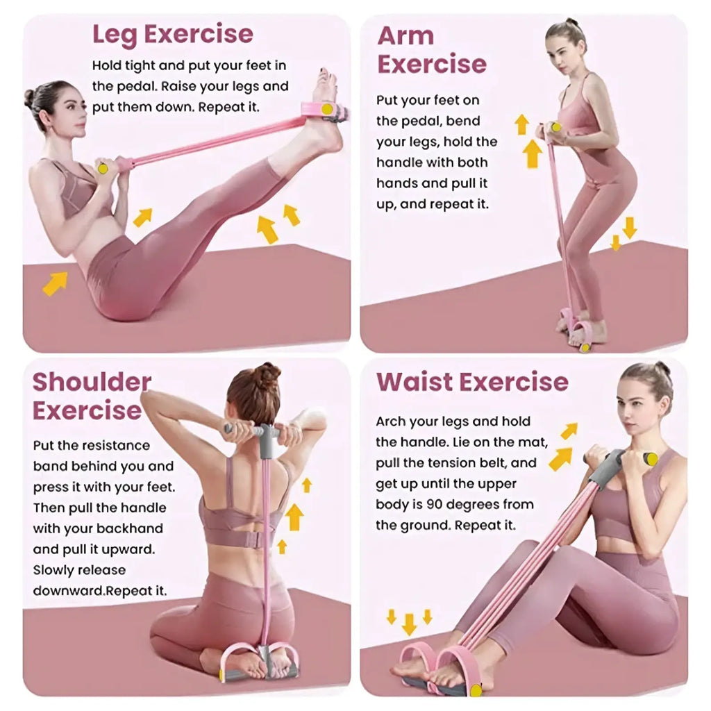 Pink 4-tube resistance band pedal puller with adjustable handles and foot straps for strength training exercises