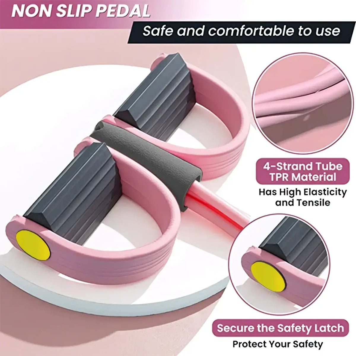 4-tube resistance band pedal puller with pink and black non-slip pedals yellow safety latches made of 4-strand tpr material