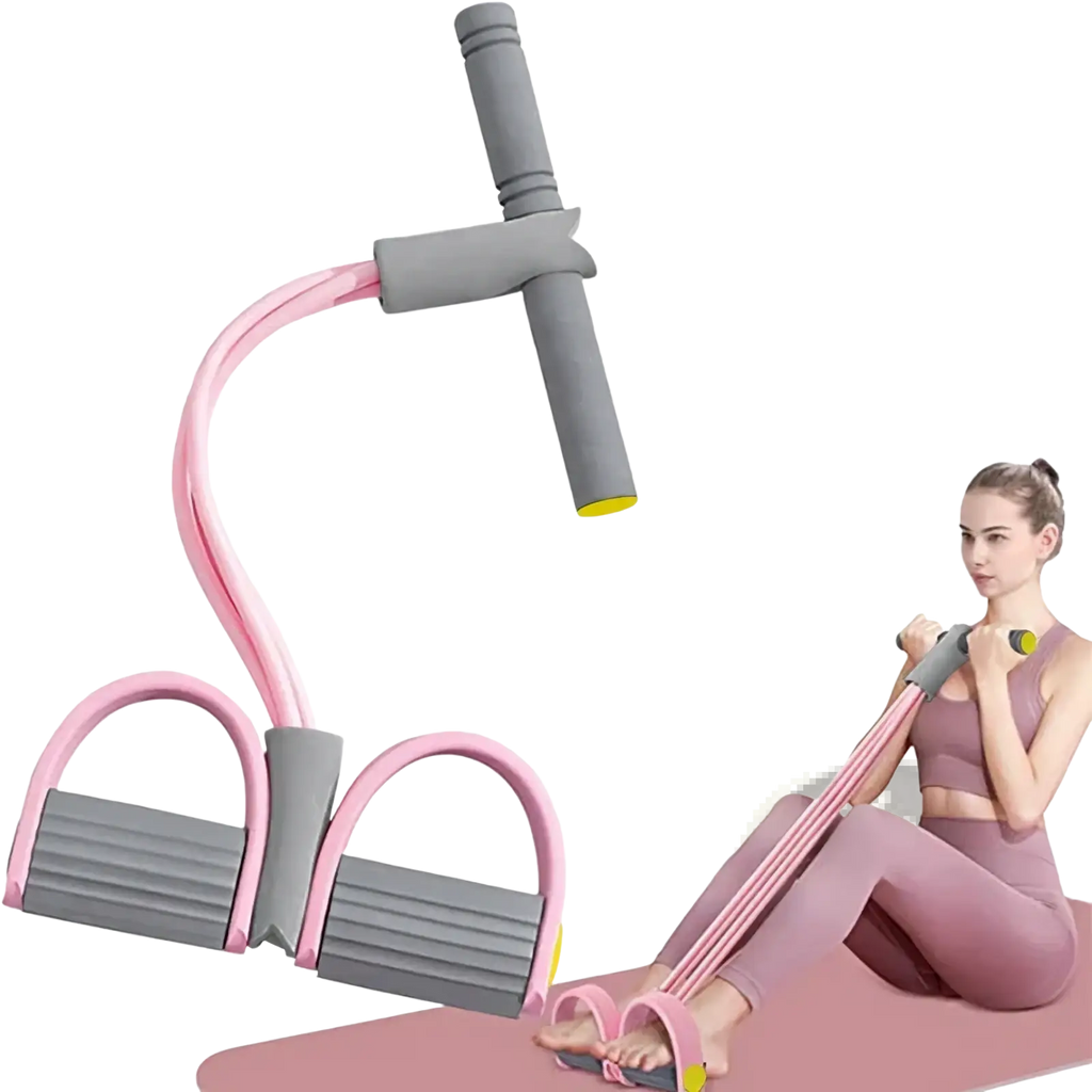 4-tube resistance band pedal puller in pink and gray with padded handles and foot loops for leg exercise fitness equipment