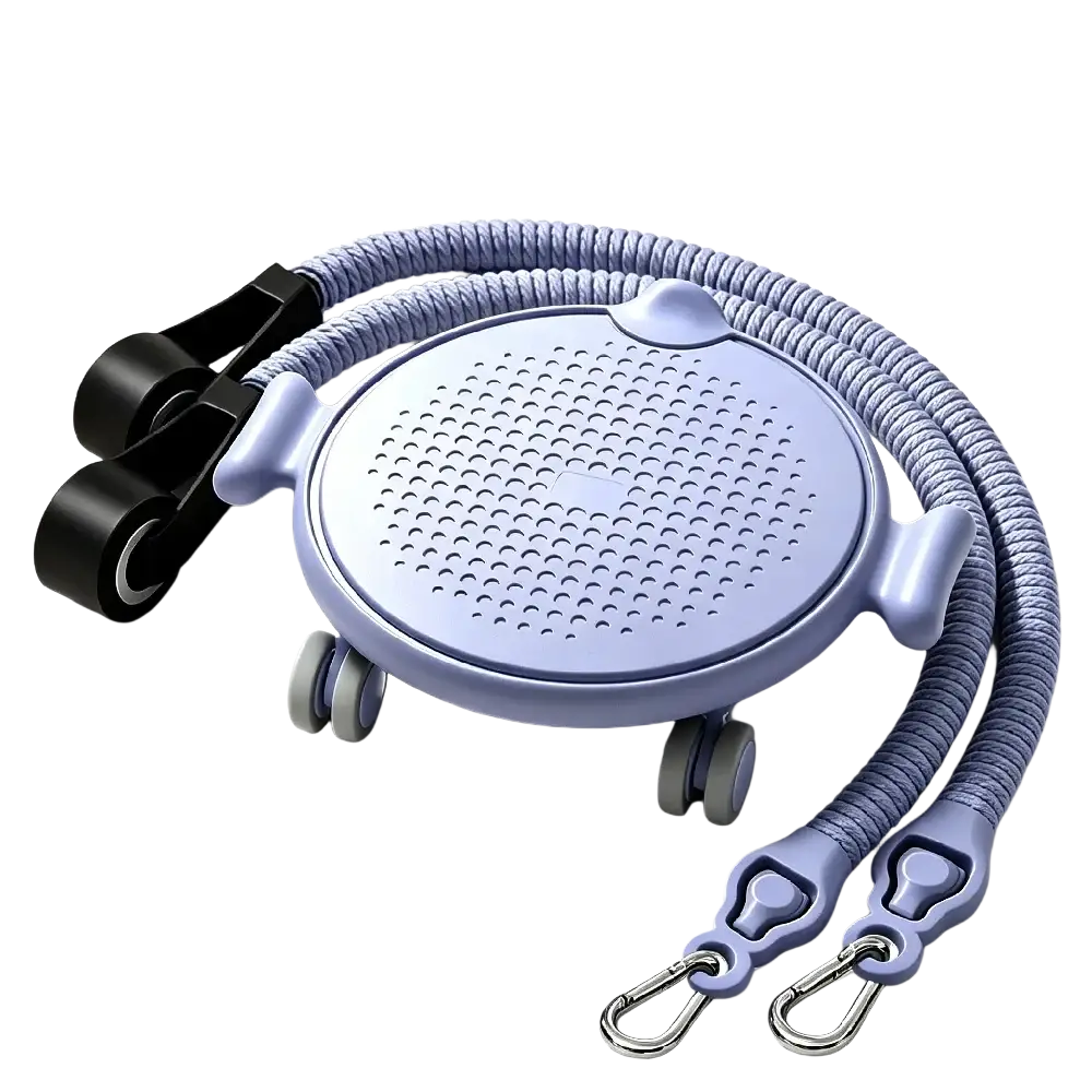 Light blue 4-wheel ab roller board with perforated surface adjustable elastic straps and black knee pads for exercise
