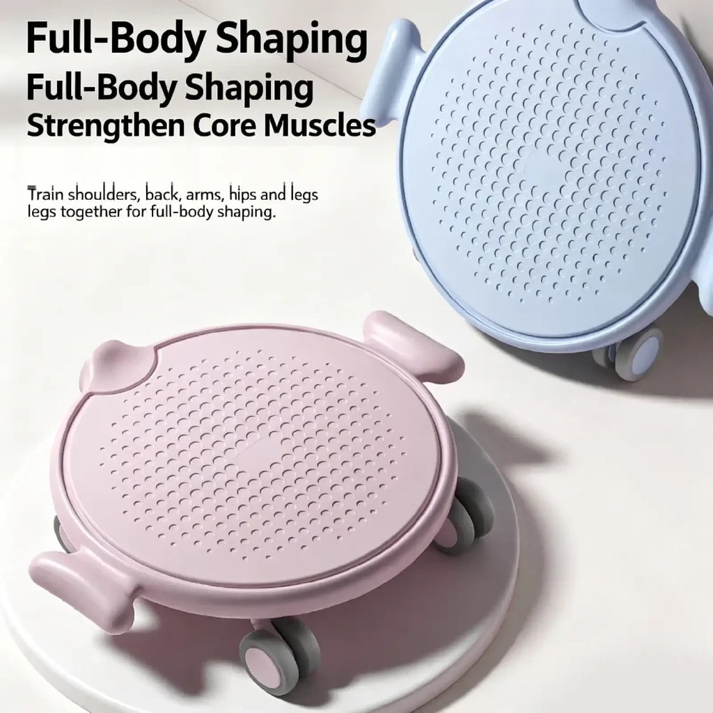 Pastel pink and light blue 4-wheel ab roller board with textured surface and ergonomic handles for core workouts