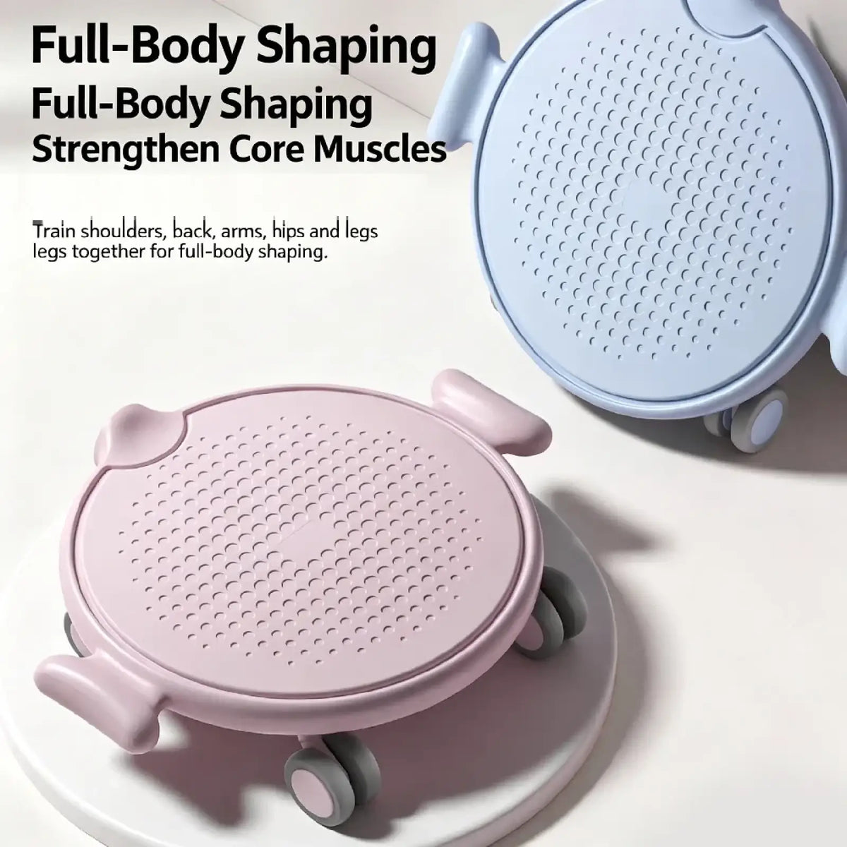 Pastel pink and light blue 4-wheel ab roller board with textured surface and ergonomic handles for core workouts