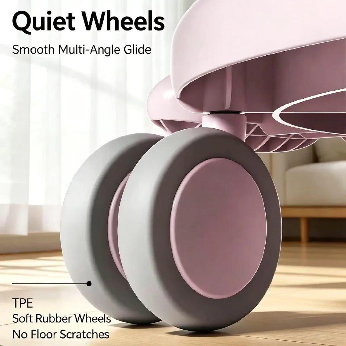 Pink and gray tpe soft rubber wheels with smooth multi-angle glide design on 4-wheel ab roller board with knee pad and bands