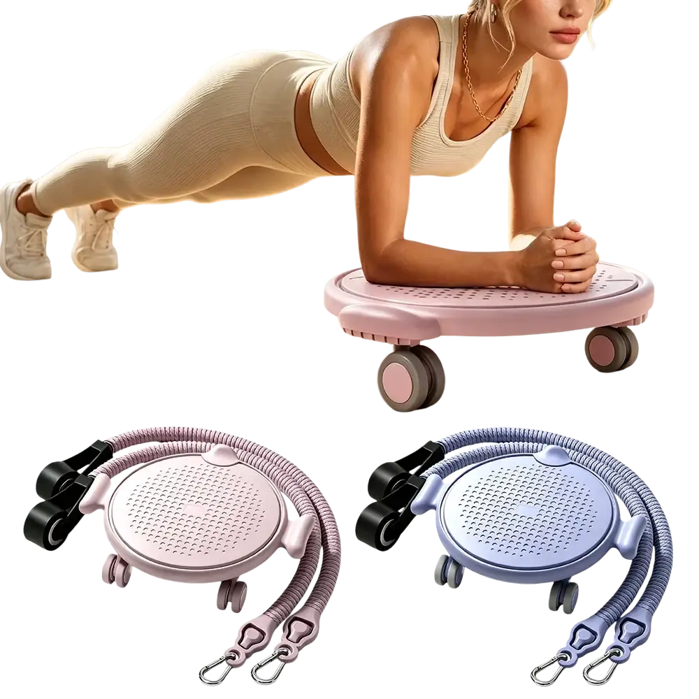 Pink and lavender 4-wheel ab roller board with textured surface, adjustable elastic straps, and knee pad for core workouts