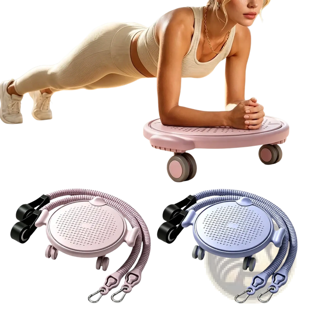 Pink and lavender 4-wheel ab roller board with textured surface, adjustable elastic straps, and knee pad for core workouts
