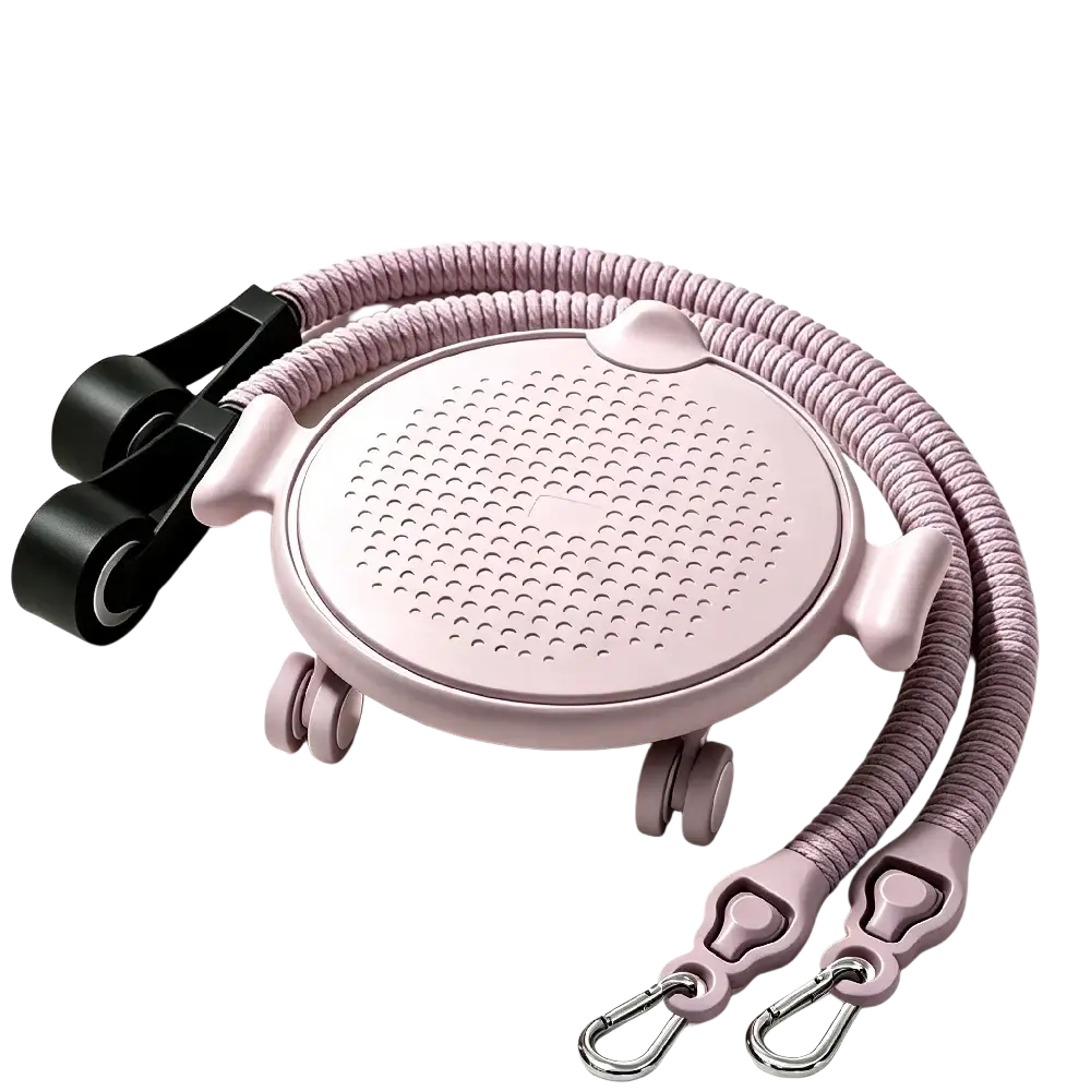 Pink plastic 4-wheel ab roller board with black adjustable straps and silver carabiner hooks for core exercise
