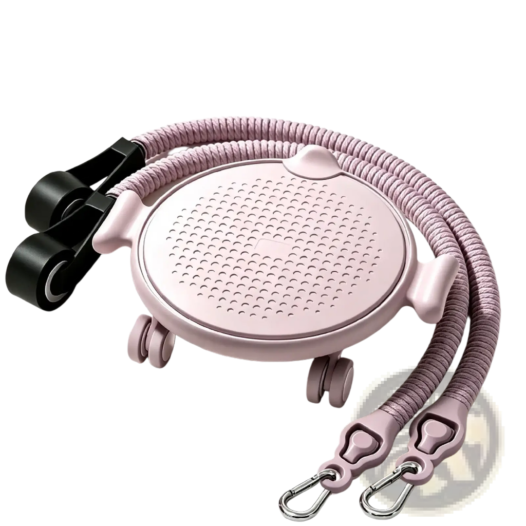 Pink plastic 4-wheel ab roller board with black adjustable straps and silver carabiner hooks for core exercise