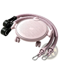 Pink plastic 4-wheel ab roller board with black adjustable straps and silver carabiner hooks for core exercise