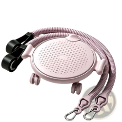 Pink plastic 4-wheel ab roller board with black adjustable straps and silver carabiner hooks for core exercise