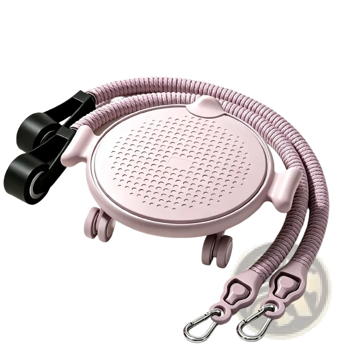 Pink plastic 4-wheel ab roller board with black adjustable straps and silver carabiner hooks for core exercise