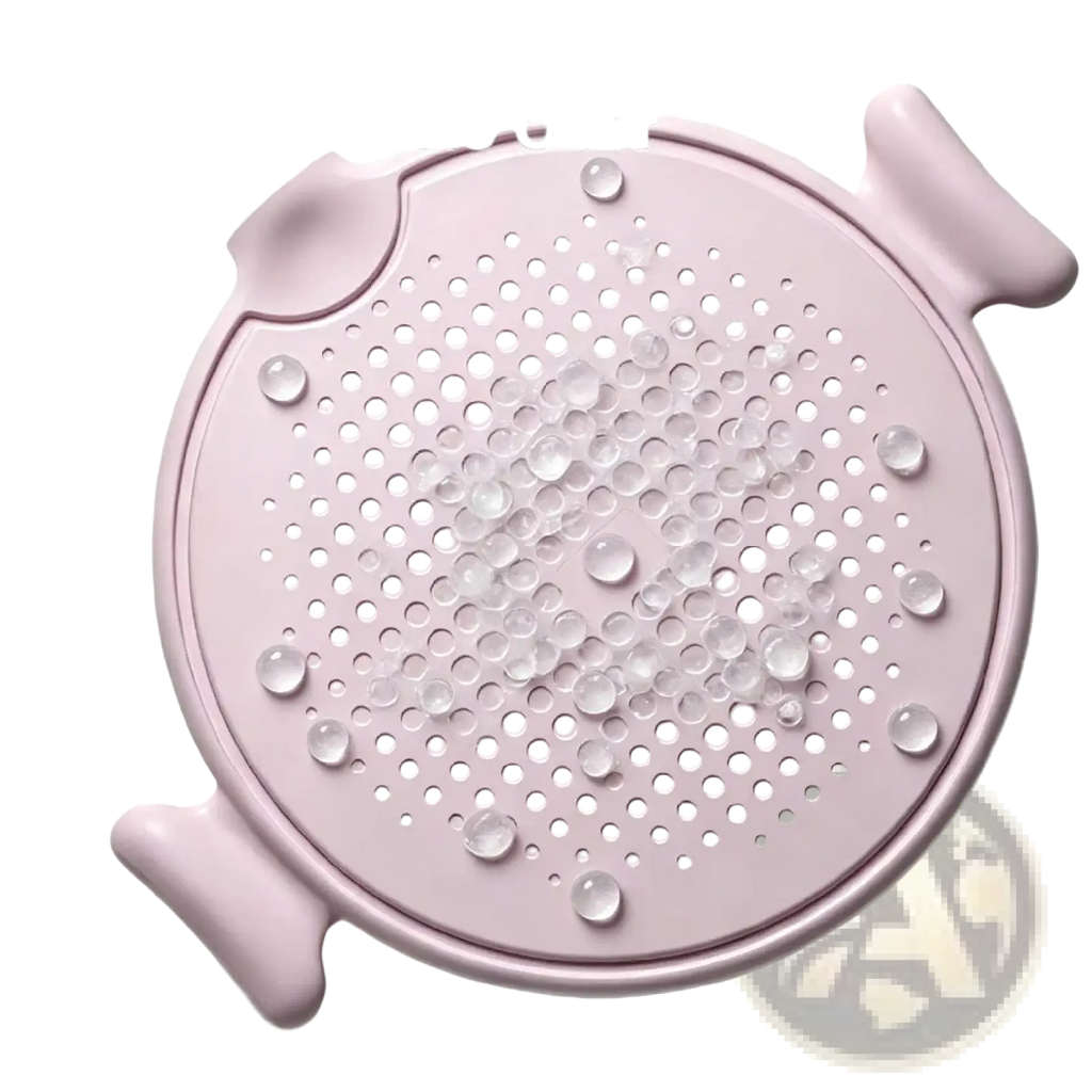 Pink silicone circular tray with perforated surface and handles for holding gel beads in 4-wheel ab roller board set