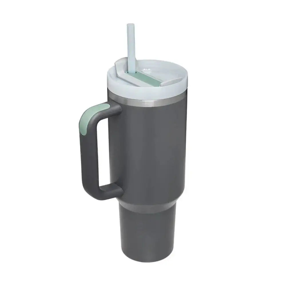 Gray Arbaglobal 40 oz insulated tumbler with white lid light green straw and handle accent for drink keeping