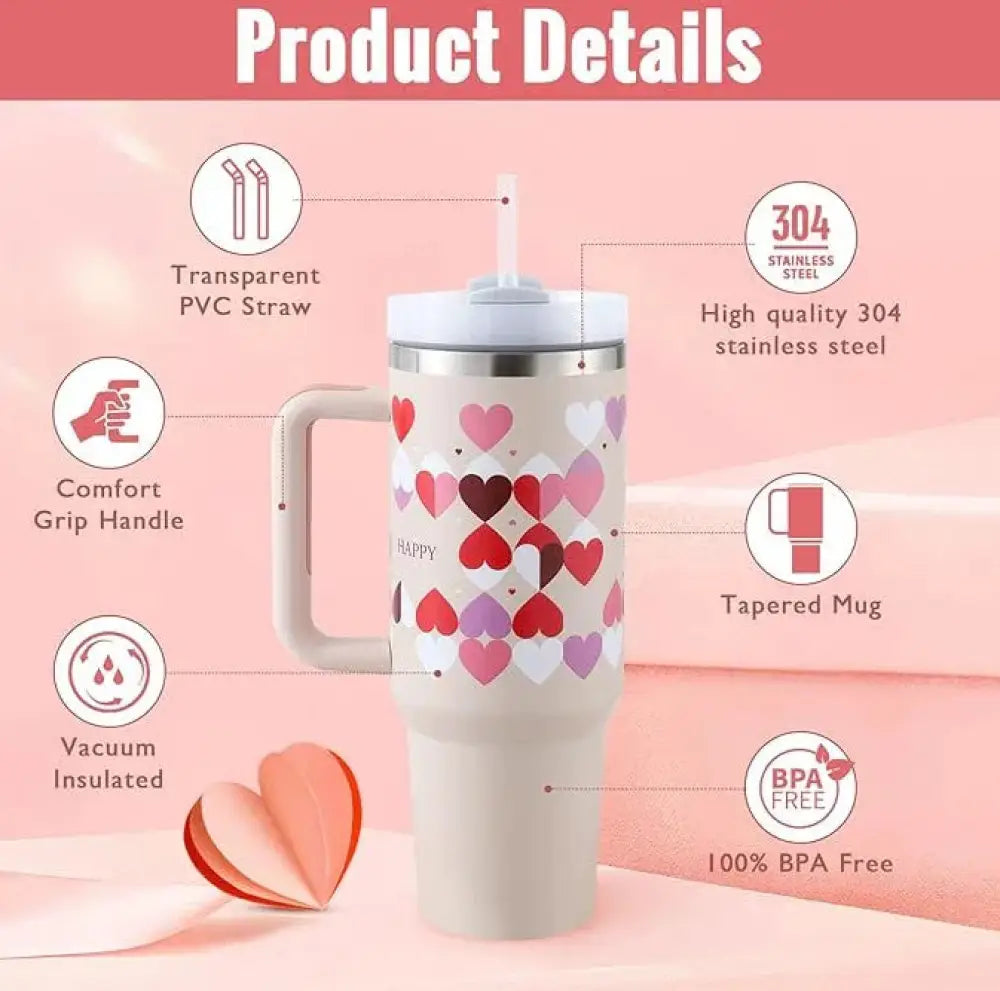 Cream-colored Arbaglobal 40 oz insulated tumbler with handle and straw featuring a pink red and white heart pattern
