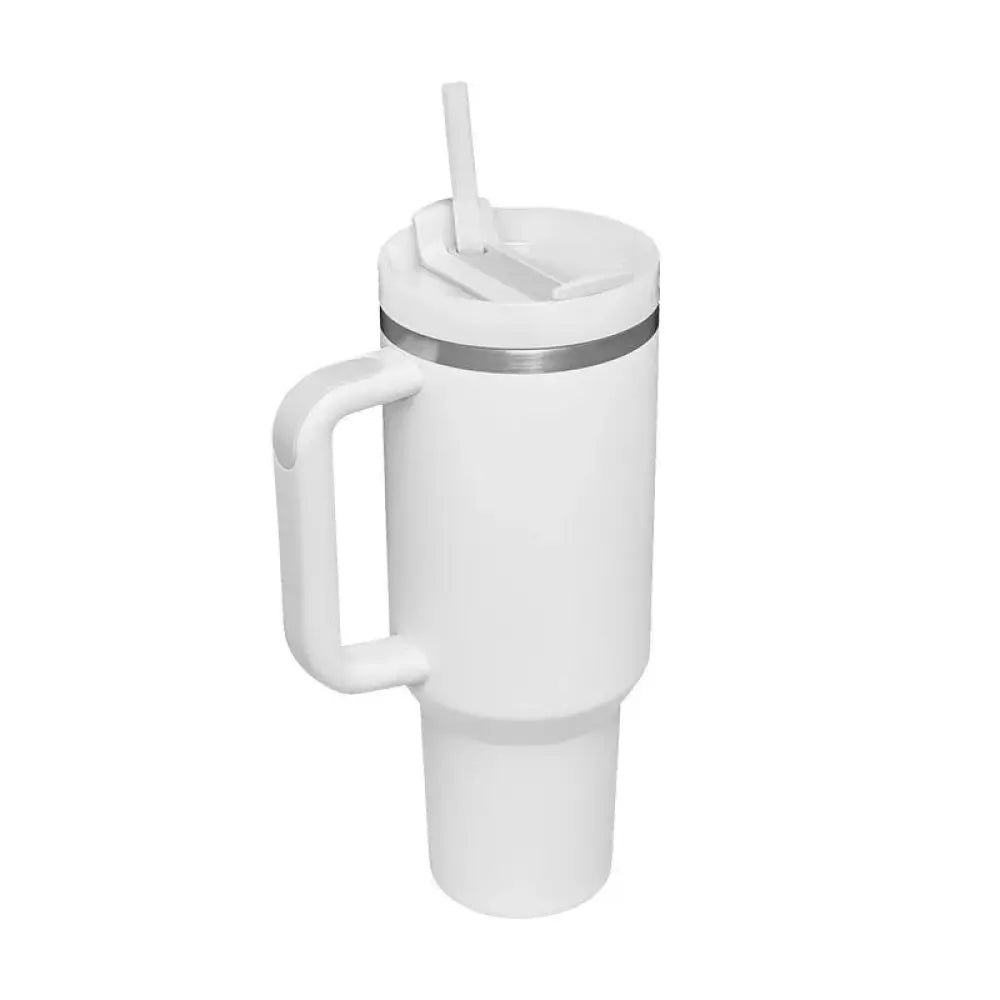 White insulated travel mug with handle silver rimmed lid and straw for Arbaglobal 40 oz insulated tumbler