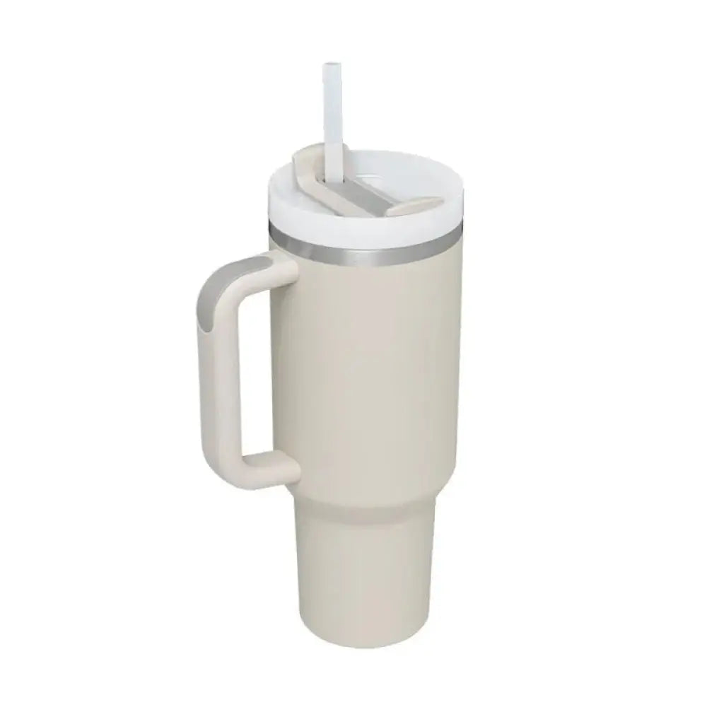Beige arbaglobal 40 oz insulated tumbler with handle and straw featuring a white lid and silver rim