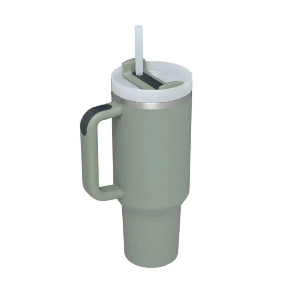A sleek matte sage green arbaglobal 40 oz insulated tumbler with handle white lid and straw for hot and cold drinks