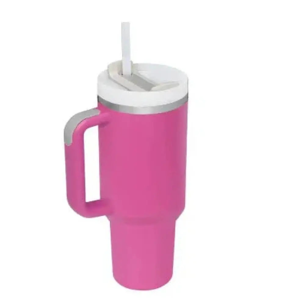 Arbaglobal 40 oz insulated pink tumbler with white lid silver rim and integrated handle for easy carrying