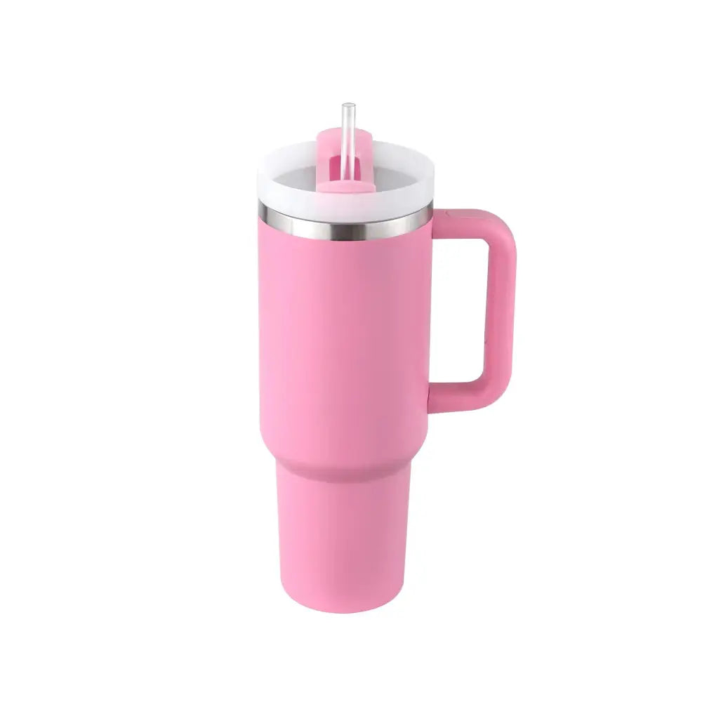 Pink Arbaglobal 40 oz insulated travel mug with silver rim, matching lid, and integrated handle for easy carrying