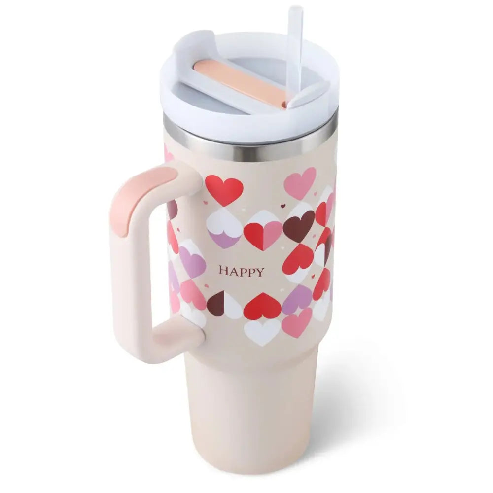 Beige insulated 40 oz Arbaglobal travel mug with pink and red heart pattern silver rim white lid and straw handle