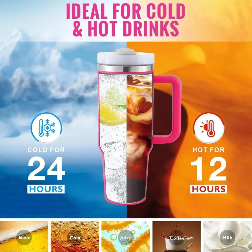 Pink Arbaglobal 40 oz insulated travel mug with stainless steel lid and handle for keeping drinks cold or hot