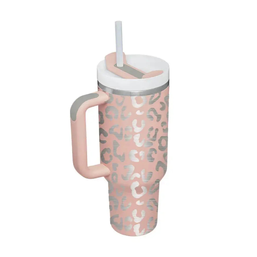 Arbaglobal 40 oz insulated tumbler with handle straw in pink leopard print featuring a white lid