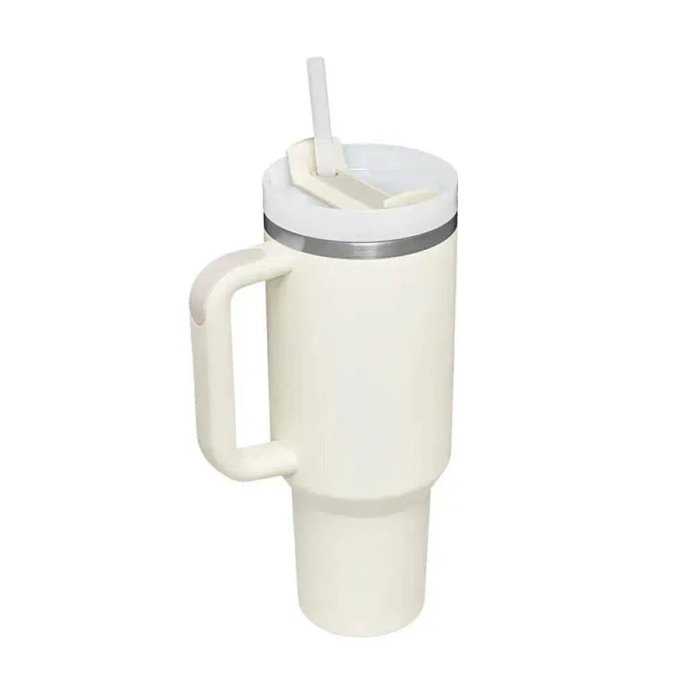 Cream-colored arbaglobal 40 oz insulated travel mug with white lid silver rim and integrated straw for easy sipping
