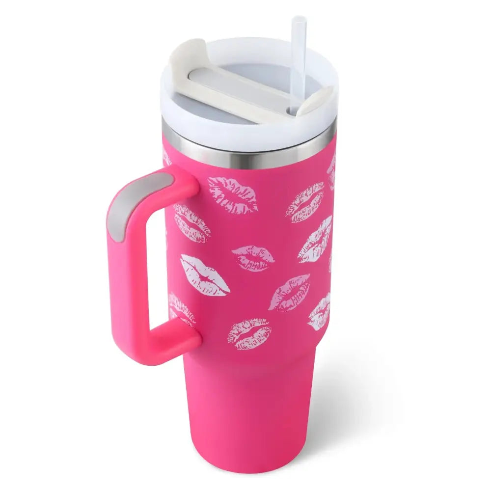 Arbaglobal 40 oz pink insulated tumbler with white kiss mark pattern, handle, stainless steel rim, and lid