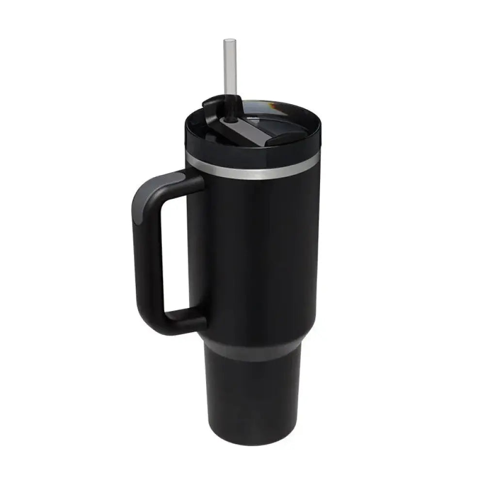 Black Arbaglobal 40 oz insulated travel mug with handle, silver rim accent, and clear straw for hot and cold beverages