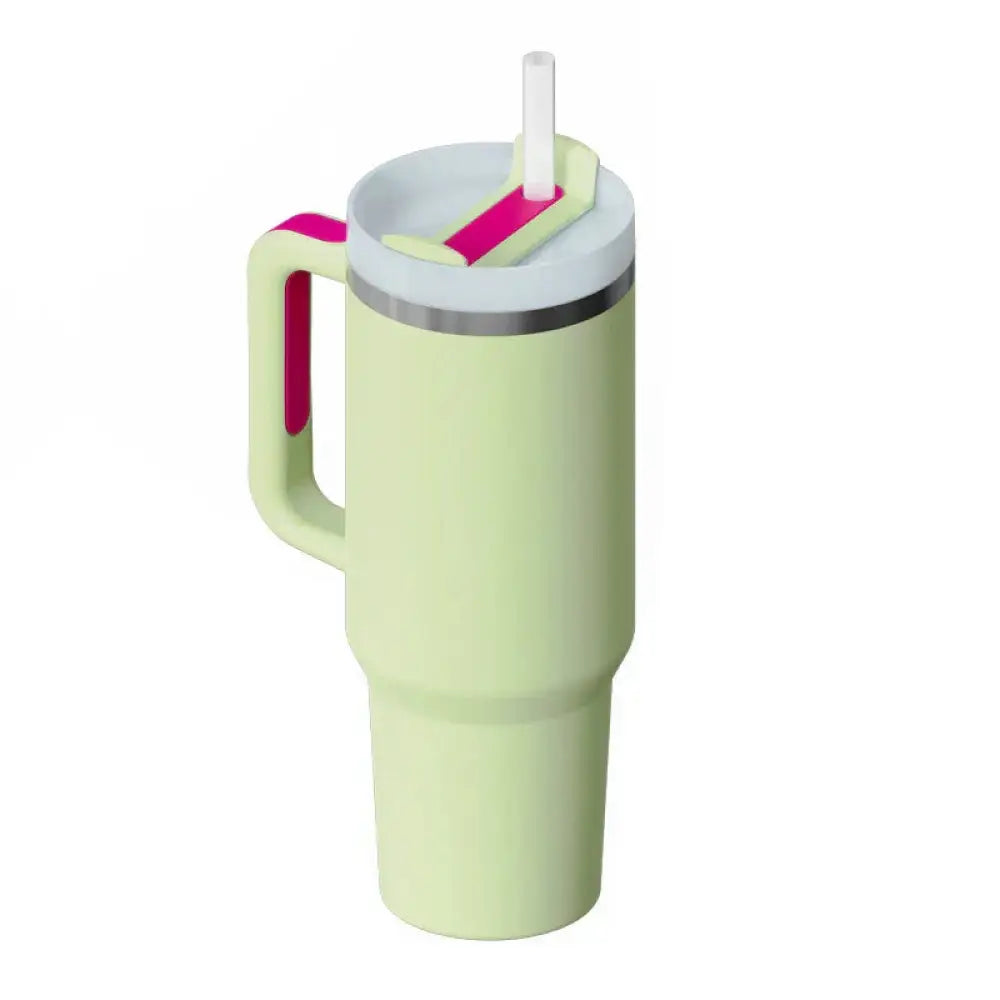 Arbaglobal 40 oz insulated mint green tumbler with pink handle and lid featuring a white straw for easy sipping
