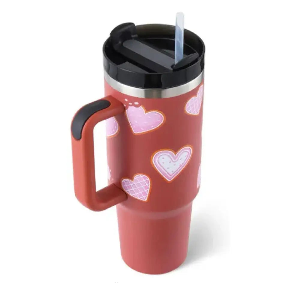 Red arbaglobal 40 oz insulated stainless steel travel mug with black lid and pink heart decals for on the go use