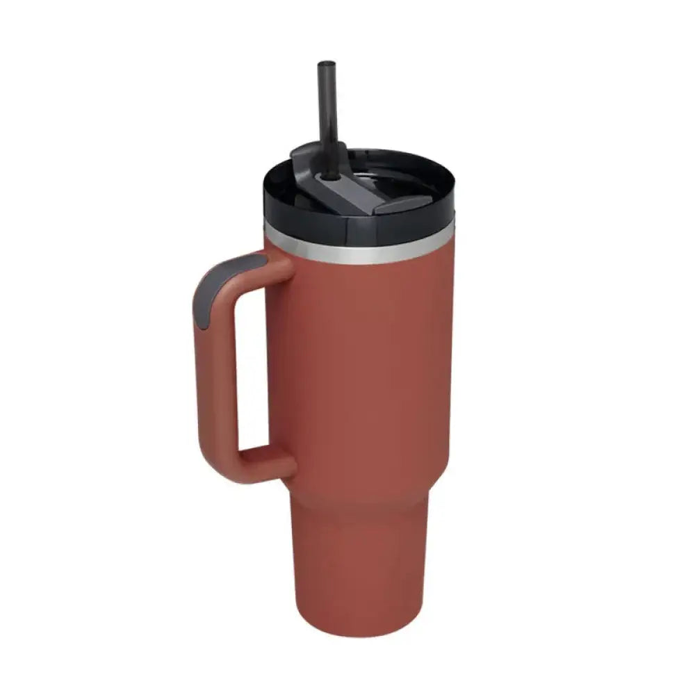 Terracotta Arbaglobal 40 oz insulated travel mug with black lid silver rim and integrated straw for on-the-go use