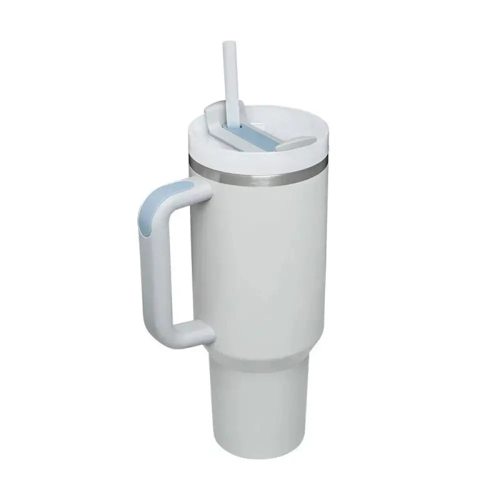 Arbaglobal 40 oz white insulated tumbler with silver rim handle and straw lid for easy drinking and temperature retention
