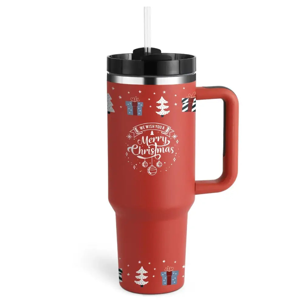 Red insulated 40 oz Arbaglobal travel mug with black handle and lid featuring festive Christmas trees and gifts design