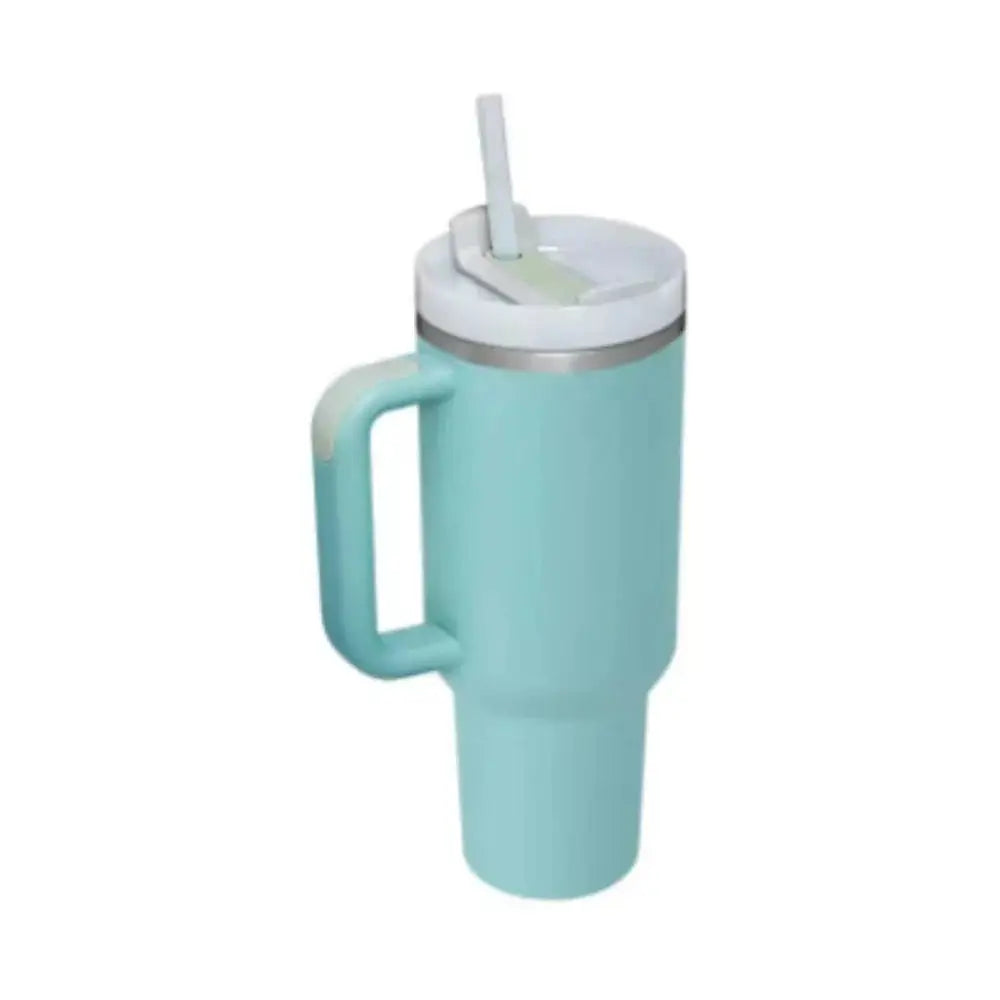 Arbaglobal 40 oz insulated tumbler in teal with white lid straw sturdy handle and metallic rim for easy carrying