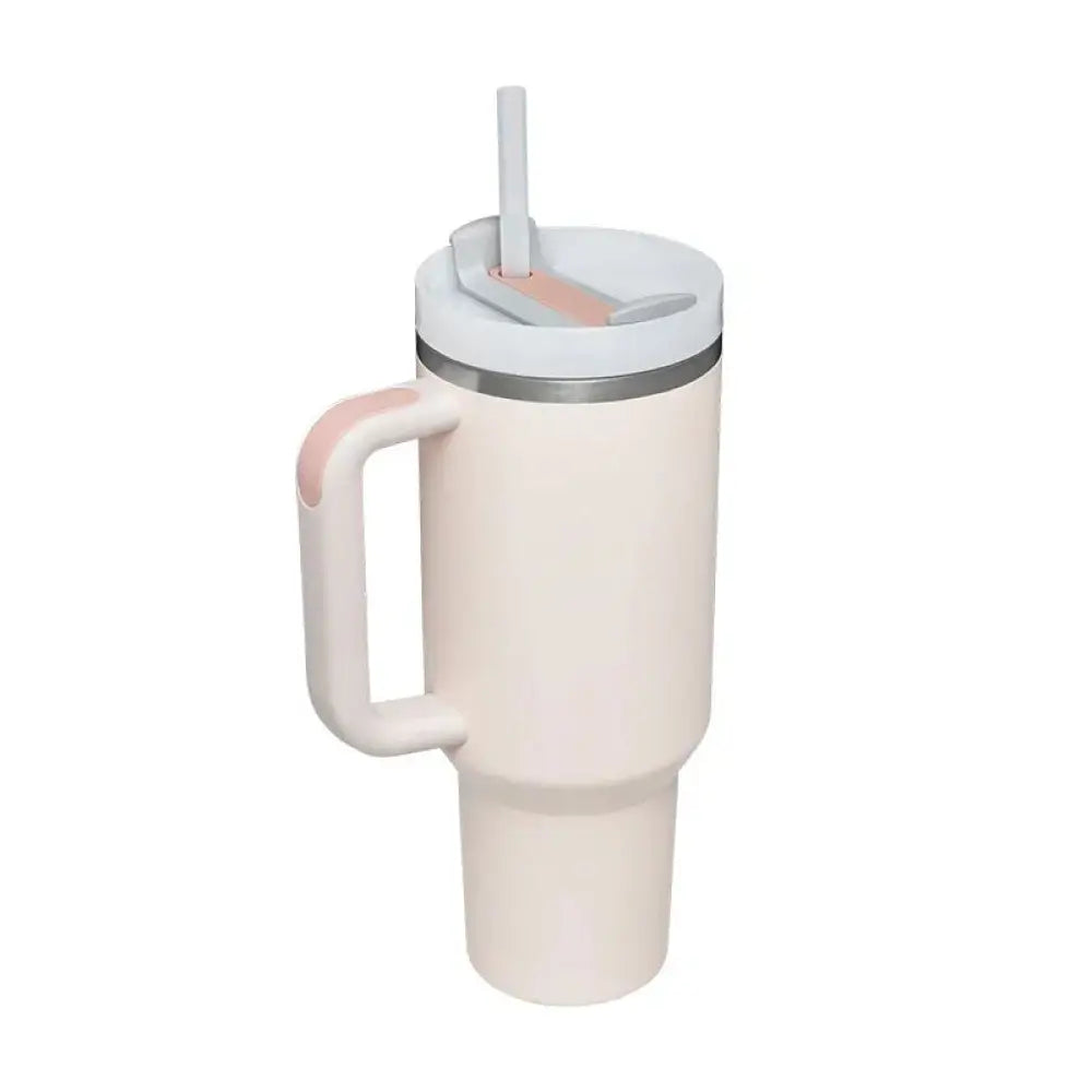 Cream-colored Arbaglobal 40 oz insulated tumbler with white lid silver rim and pink-accented handle for beverages