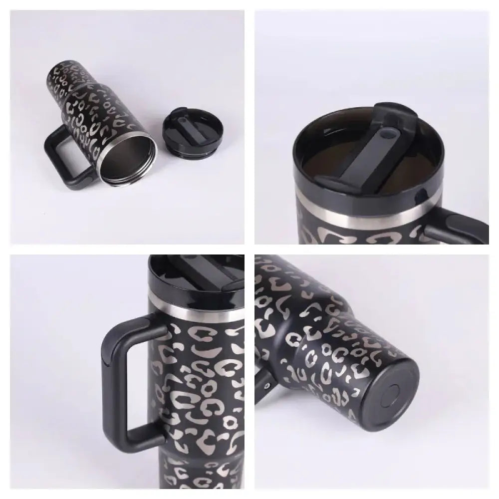Black arbaglobal 40 oz insulated tumbler with silver leopard print pattern and stainless steel rim with handle and straw