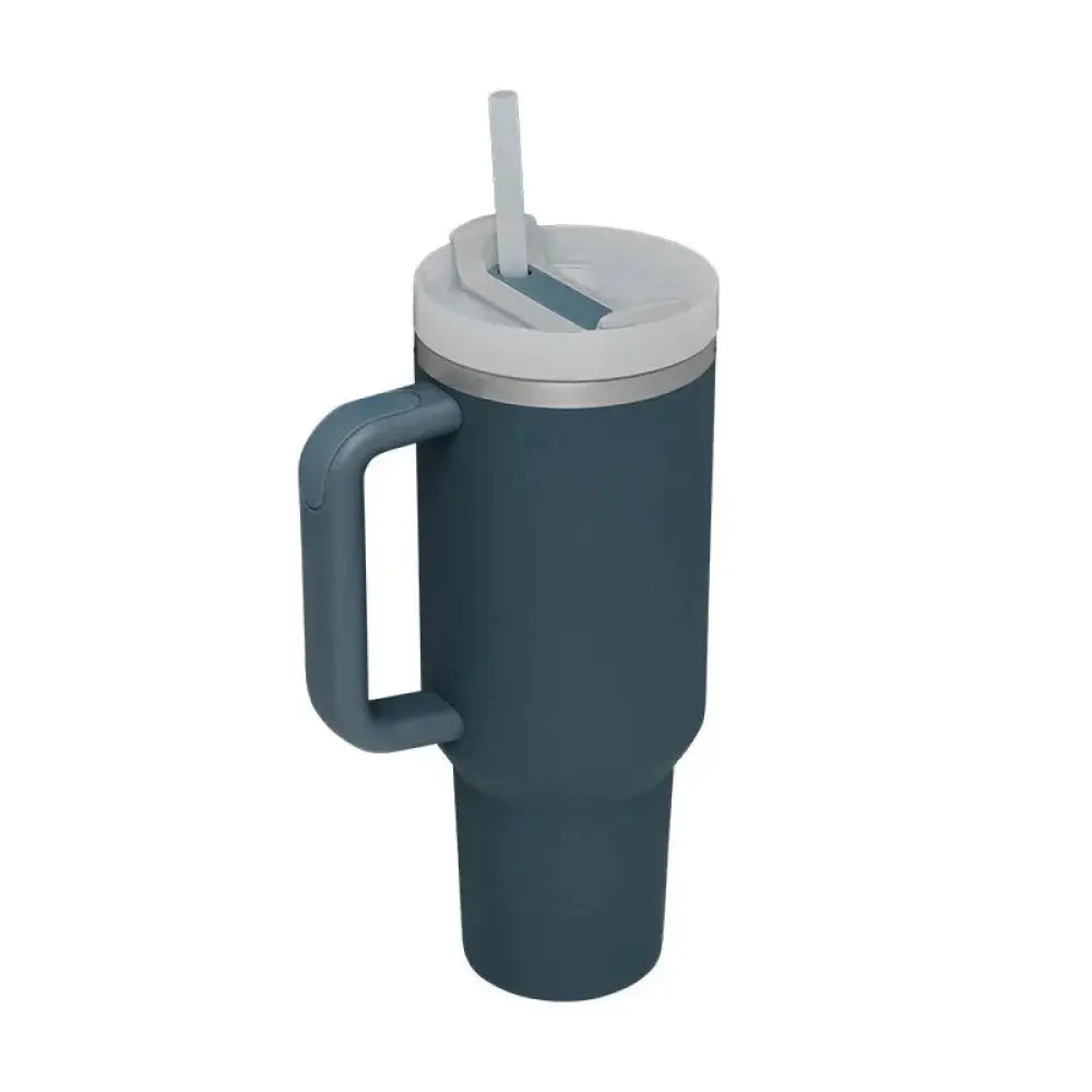 Arbaglobal 40 oz insulated tumbler in dark teal with gray lid white straw and matching handle for beverage use