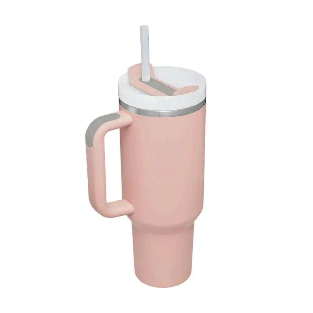 Arbaglobal 40 oz insulated tumbler pink with white lid gray handle grip and straw for hot and cold beverages